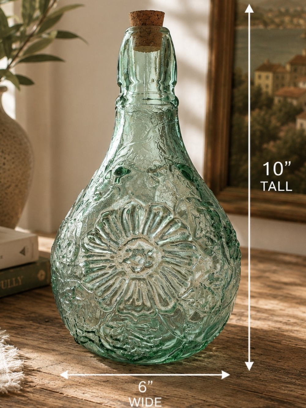 Green Tint Glass Bottle With Flowers 10" Tall Vidrios San Miguel Recycled Vtg